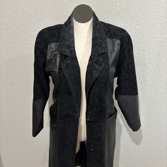 Vintage Leather Suede Coat Women's Duster Jacket Long Black Floral Pattern - Picture 6 of 14